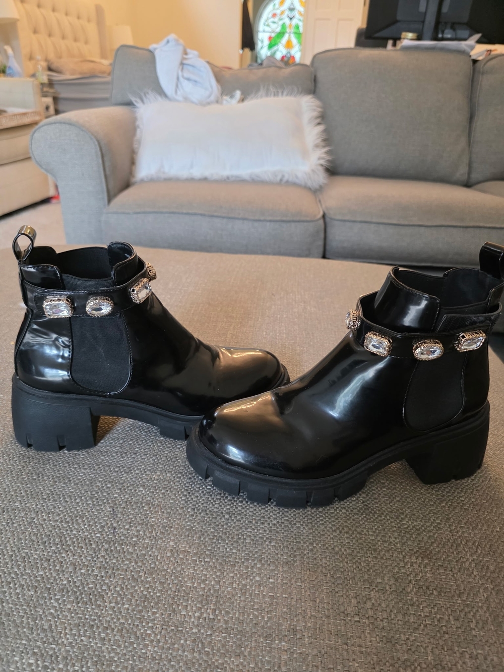 Madden Girl Black Patent Chunky Chelsea Booties with Jeweled Strap, Size 8